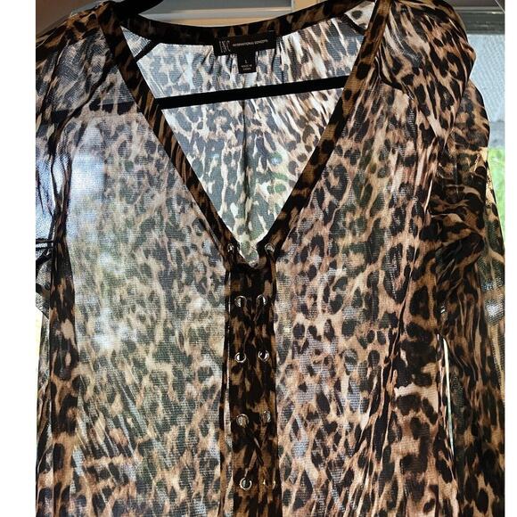 INC Large Blouse Sheer Animal Print Cheetah Leopard Lace-Up Elastic Cuff Metal - Picture 9 of 9